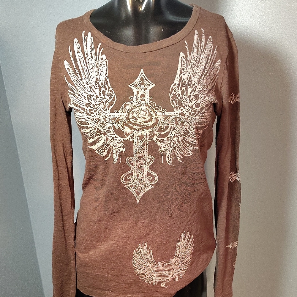 Elegant Brown Long Sleeve Top with Winged Cross Design